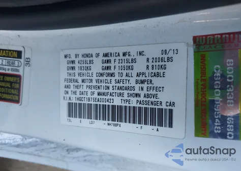 2014 Honda Accord Ex из США, поврежденный, VIN 1HGCT1B75EA000423